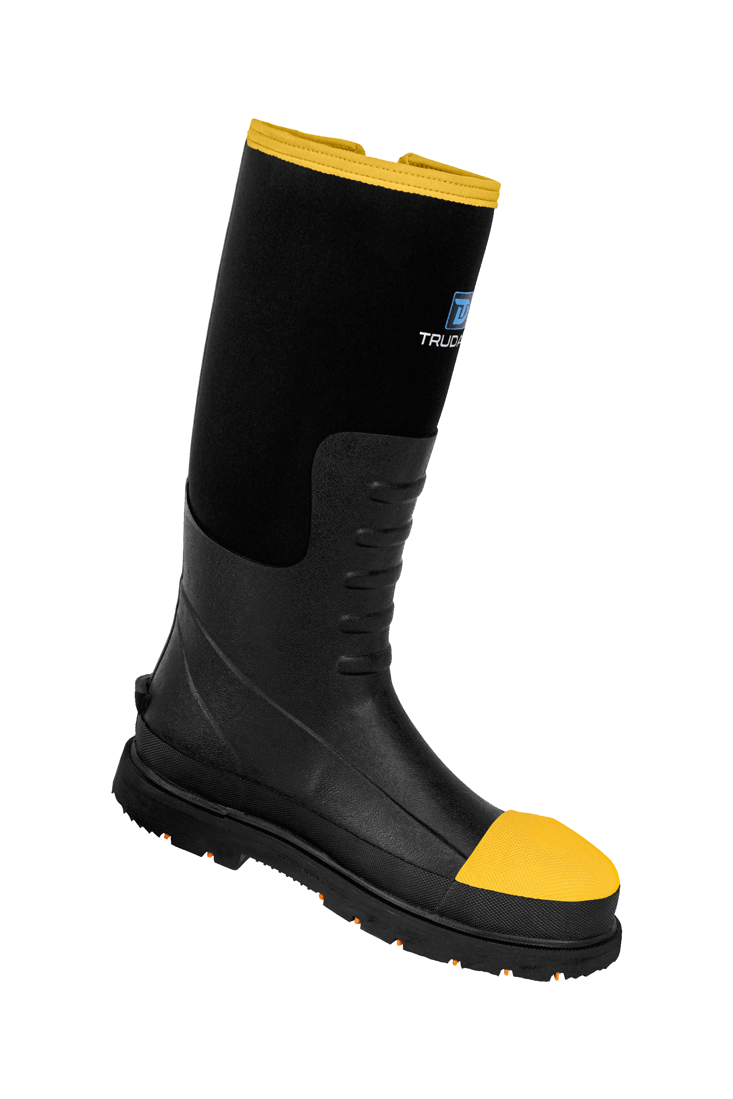 alt="Side view of Trudave ForgeStep Series men’s tall waterproof steel toe work boots in black with yellow toe cap and collar, showing durable construction for industrial and outdoor safety use"